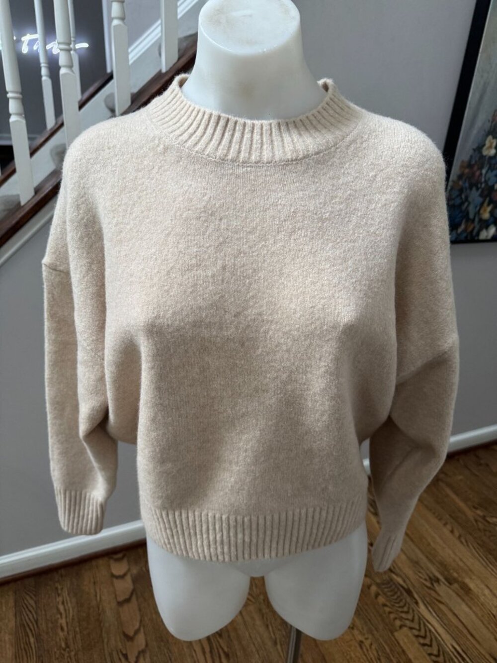NWT ZARA Fuzzy Wool Blend Crewneck Fuzzy Sweater Beige Tan XS